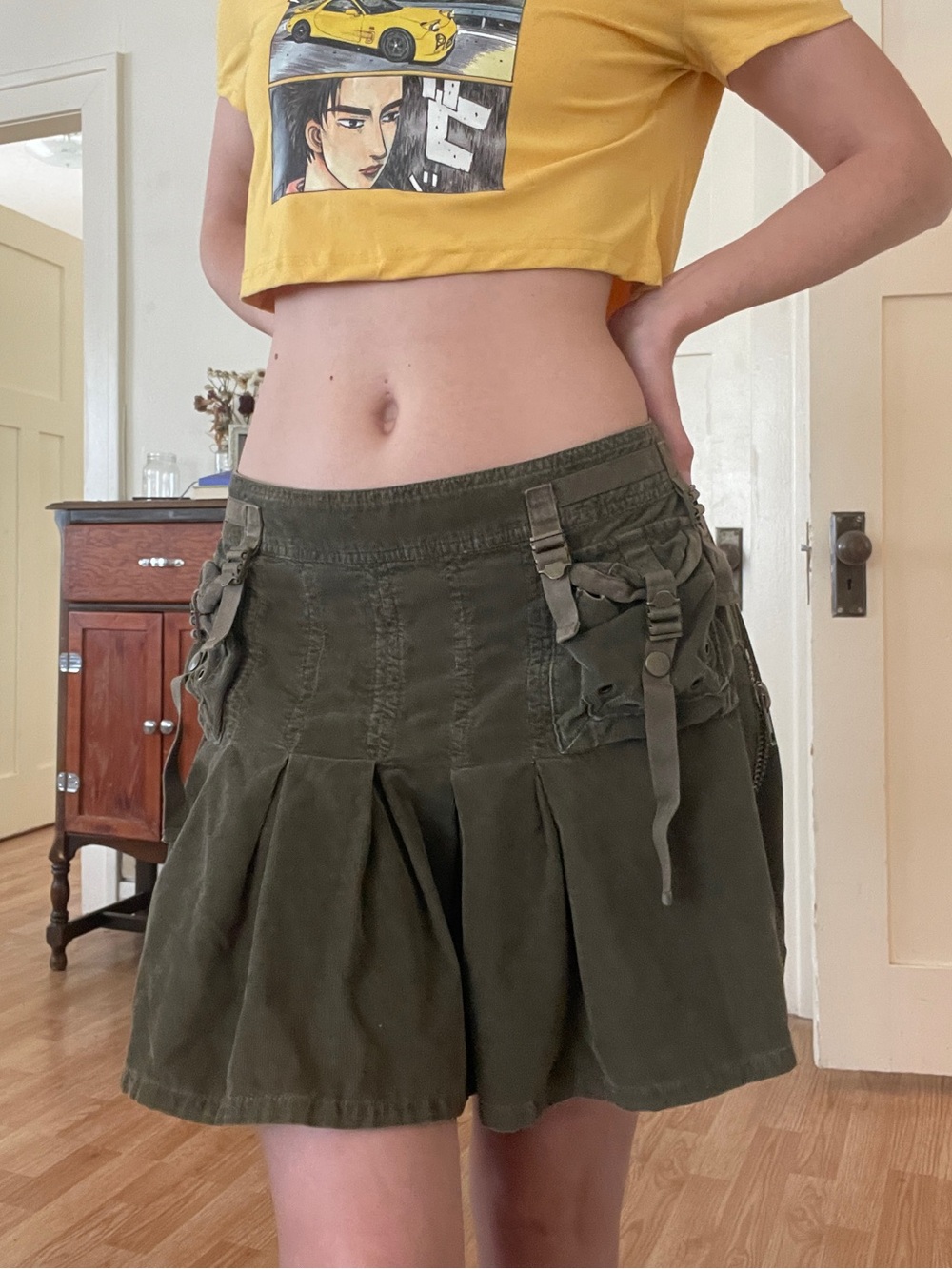 Y2K Corduroy Olive Green Pleated Mini Skirt